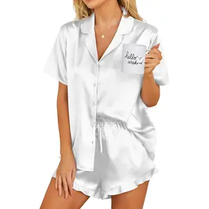 Womens Silk Pajamas Set Button Down 2 Piece Satin Pjs Shorts Set Ruffle Notch Collar Sleepwear