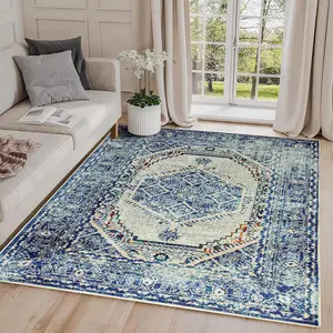 Large 8x10 Washable Boho Area Rug for Living Room Non-Slip Bedroom Rug Low Pile Lightweight Medallion Distressed Throw Carpet for Dining Room Office, Vintage Blue Cream