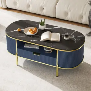 Garvee 48 in Oval Coffee Table for Living Rooms, Elegant Faux Marble Fluted Center Table with Drawer & Open Shelf, Curved Furniture for Apartment Office, Blue