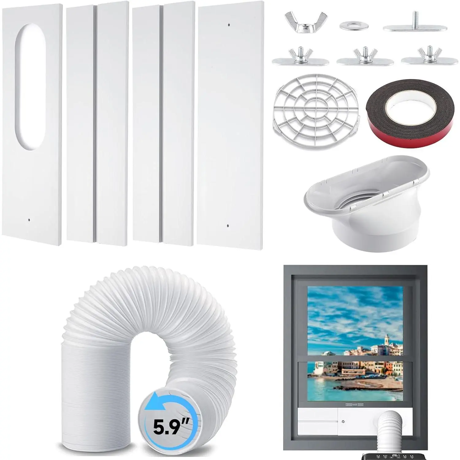 BAFFOGY Portable Air Conditioner Window Kit with Hose, 5.9" Diameter 59" Length Adjustable Window Seal Kit for Horizontal or Vertical Window/AC Units