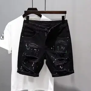 Boys' Personality Beggar Ripped Five-point Pants In Summer Versatile Slim Fit Handsome Black Denim Shorts