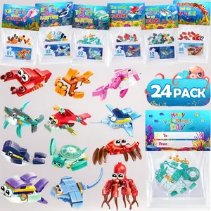 24 Valentine Gifts for Kids – Marine Animal Building Blocks Set with Gift Cards, Classroom Party Favors for Boys Girls, School Exchange Valentines, Kid Basket Stuffers & Egg Fillers