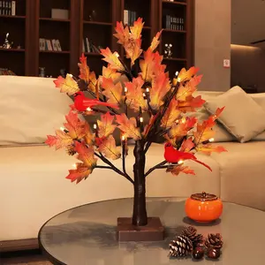 Artificial Maple Tree Fall Light, 24 LED Art Decor Table Lamp for Thanksgiving Wedding Party Autumn Harvest Indoor Home Decoration, Red Birds