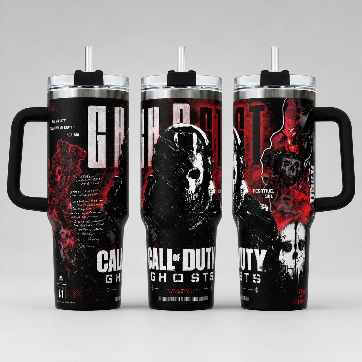 Call of Duty Ghosts Inspired 40oz Insulated Tumbler with Handle, Simon Riley Tactical Red and Black Gaming Cup, “Legends Never Die, They Go Ghost” FPS Gamer Fan Gift