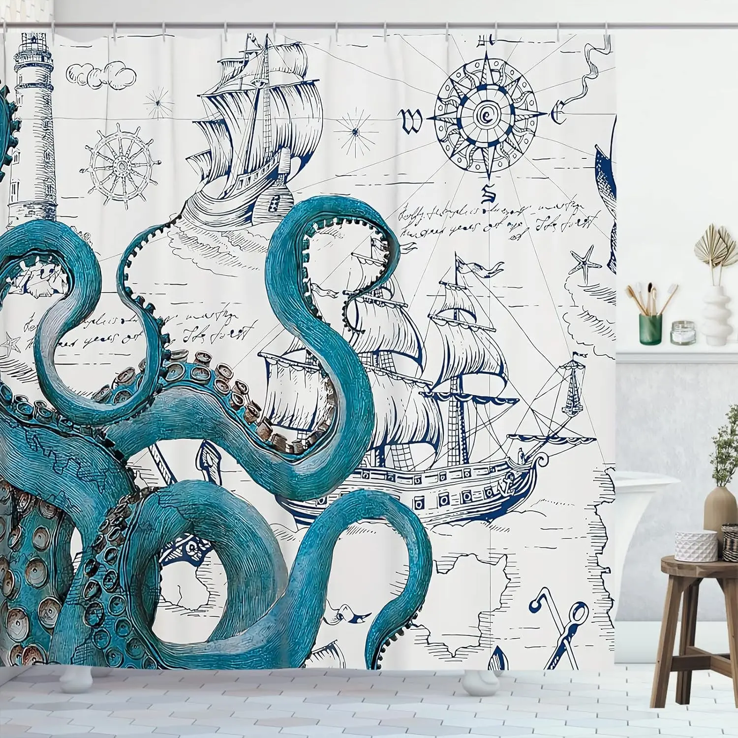 Modern Nautical Shower Curtain Set - Teal Kraken Pirate Art, Polyester Waterproof, Plastic Accents, Ideal Gift for Bathroom Home Supplies