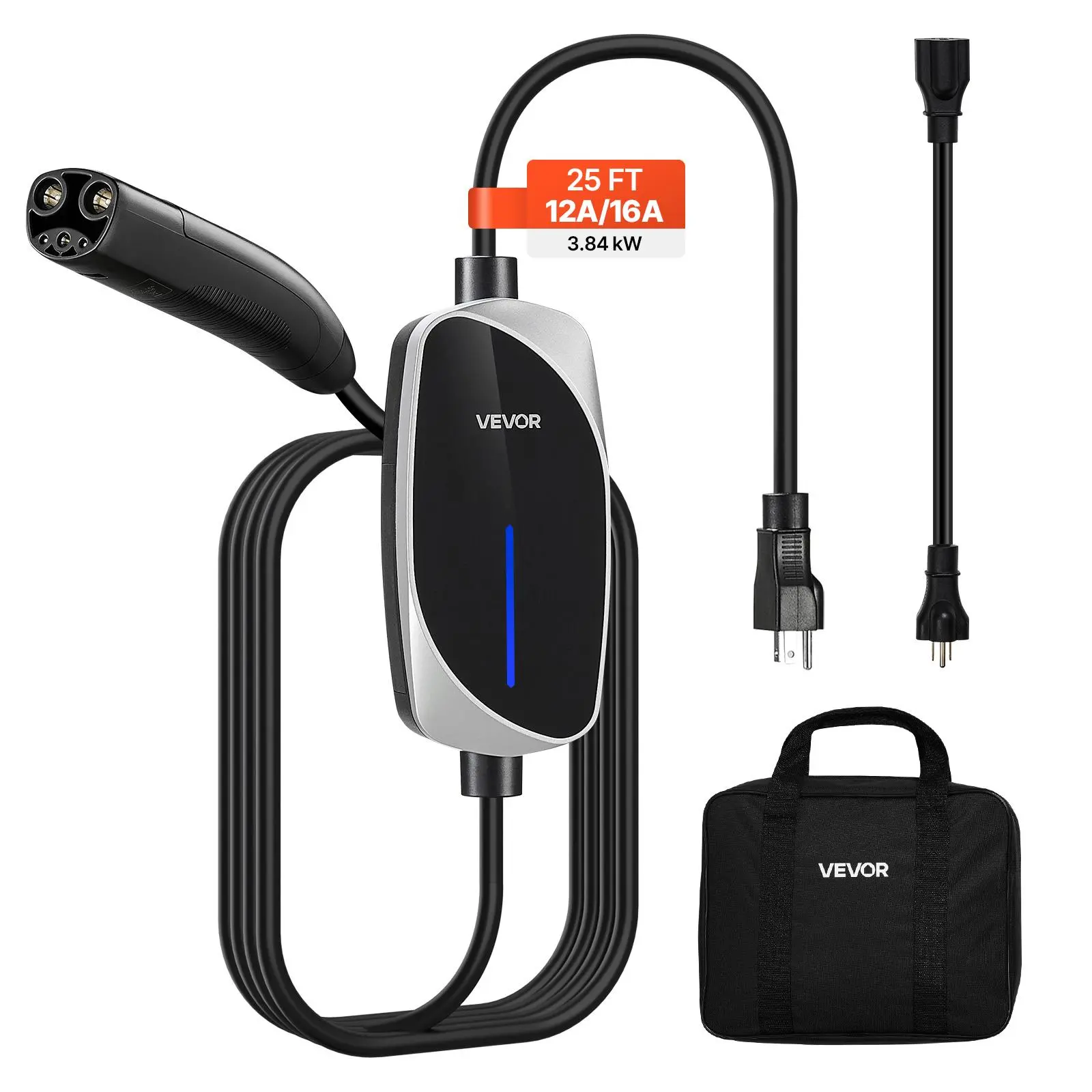 【Summerfinds】VEVOR Level 1/2 Tesla Charger,16 AmpPortable Electric Car EV Charger with 25 ft Charging Cable120V-240VNEMA 6-20P Plug NEMA 5-15 AdapterLED IndicatorNACS Connector for Tesla Model Y/X/3/S, Automotive Charger, Charger Compatible