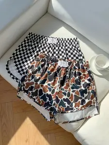 2 pieces, Y2K American street camouflage spots+black and white checkered fully printed casual shorts, sweet, cool and spicy girl style, loose and comfortable fit, suitable for women's daily home and outdoor wear in summer