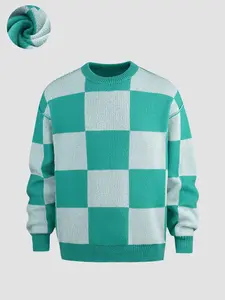 Classic contrasting plaid pattern for men's autumn and winter knitted crew neck pullover, featuring reversible design, basic versatile simple fashion, lazy style, comfortable, suitable for multiple occasions, unisex.