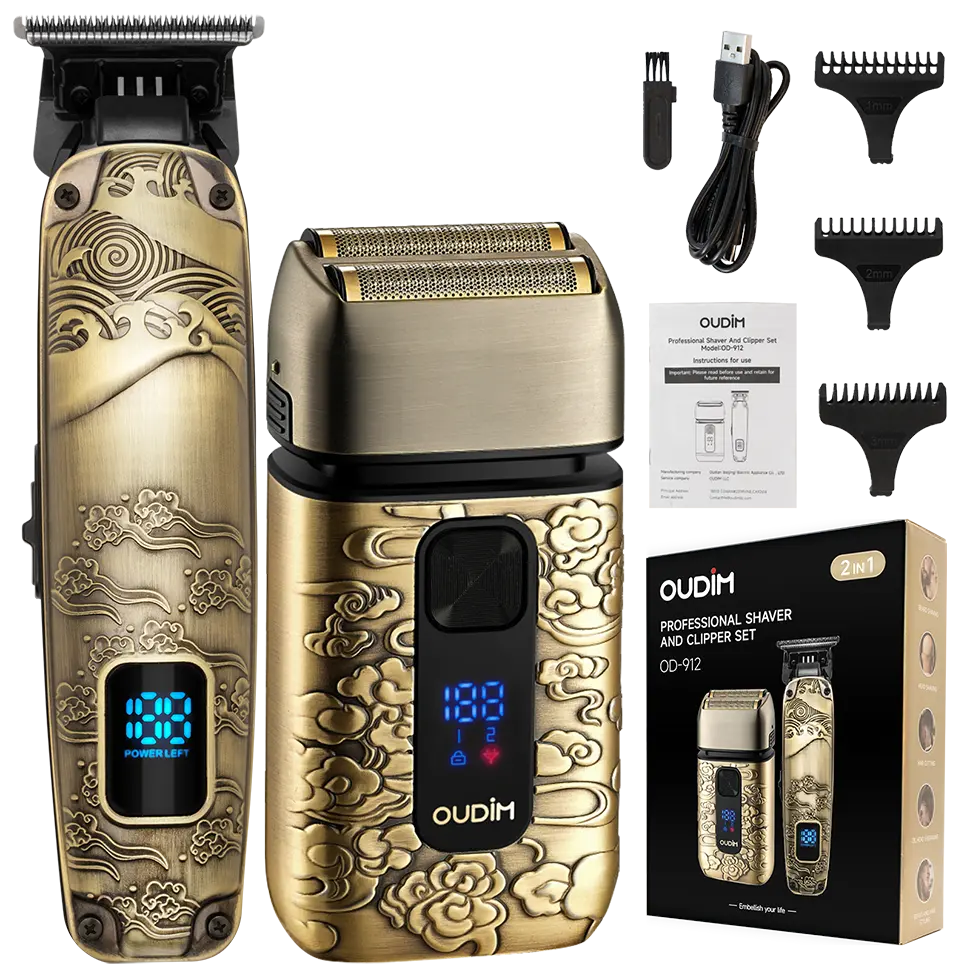 Oudim Two In One Beard Trimmer&Shaver for Men, Professional Grooming Kit with 3 interchangeable guide combs, 2 hours long-lasting battery,