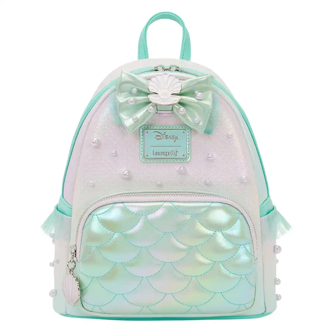 Women's Iridescent Mini Backpack - The Little Mermaid Inspired Faux Leather Bag, Fish Scales Pattern, 3D Bow, Faux Pearl Accents, Top Stitch, 9” W x 10.5” H x 4.5” D