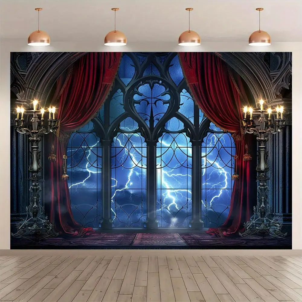1pc Large 2D Flat Gothic Horror Throw - Vampire Theme Throw, Medieval Castle Backdrop Wall Mural with Lightning Storm Sky, Red Curtains & Bat Wing Design for Vampire-Themed Parties & Photo Booths, Gothic Horror Throws, Vampire Theme Throws