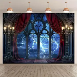 1pc 2D Flat Gothic Vampire Medieval Castle Backdrop with Lightning Storm Sky Red Curtains & Bat Wing Design - Large Gothic Wall Mural for Vampire - Themed Parties Dracula Decorations Photo Booth