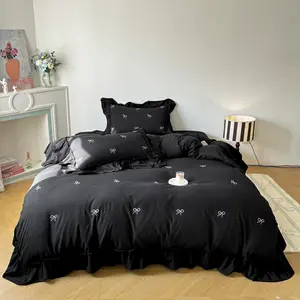 3pcs Bow Embroidered Bedding Set, Includes 1 Fitted Sheet and 2 Pillowcases, Zipper Design, All Seasons