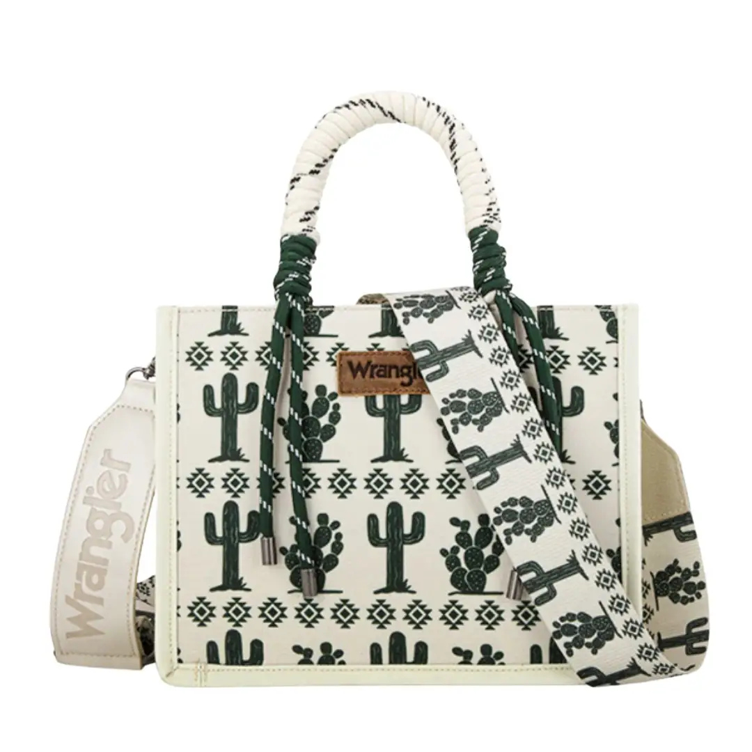 Wrangler Western Satchel Bags for Women with Braided Rope Handle Boho Bag Multi-Pocket Cactus Tote Handbag Sturdy Casual Purse Cowboy Print