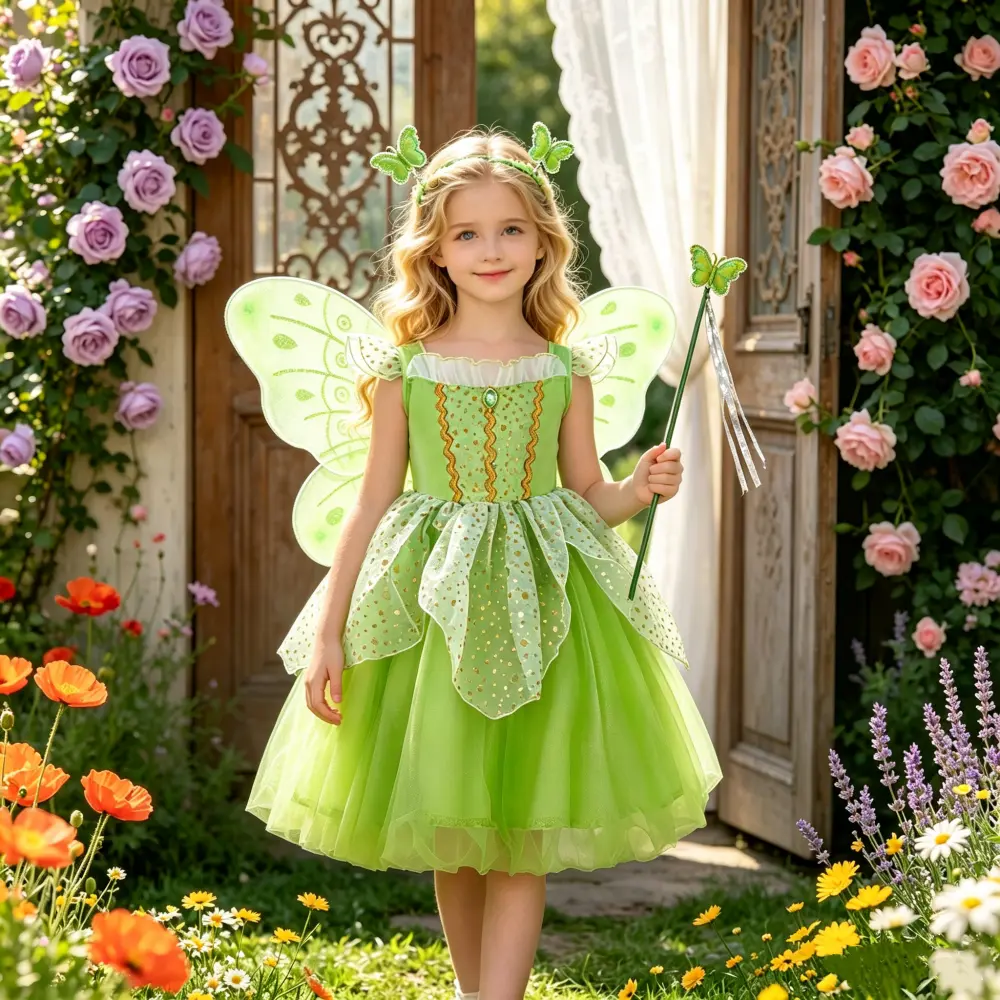 05 ( Dress + All Accessories ) Girls' Princess Inspired Birthday Wings Sequin Dress Performance Costume