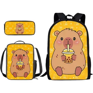 Capybara Bubble Tea Star Print 17 Inch Backpack Schoolbag 3 Piece for Boy Girl, Lightweight Daypack Set with Reusable Lunch Box and Pencil Bag, Durable School Bookbag Set, Yellow