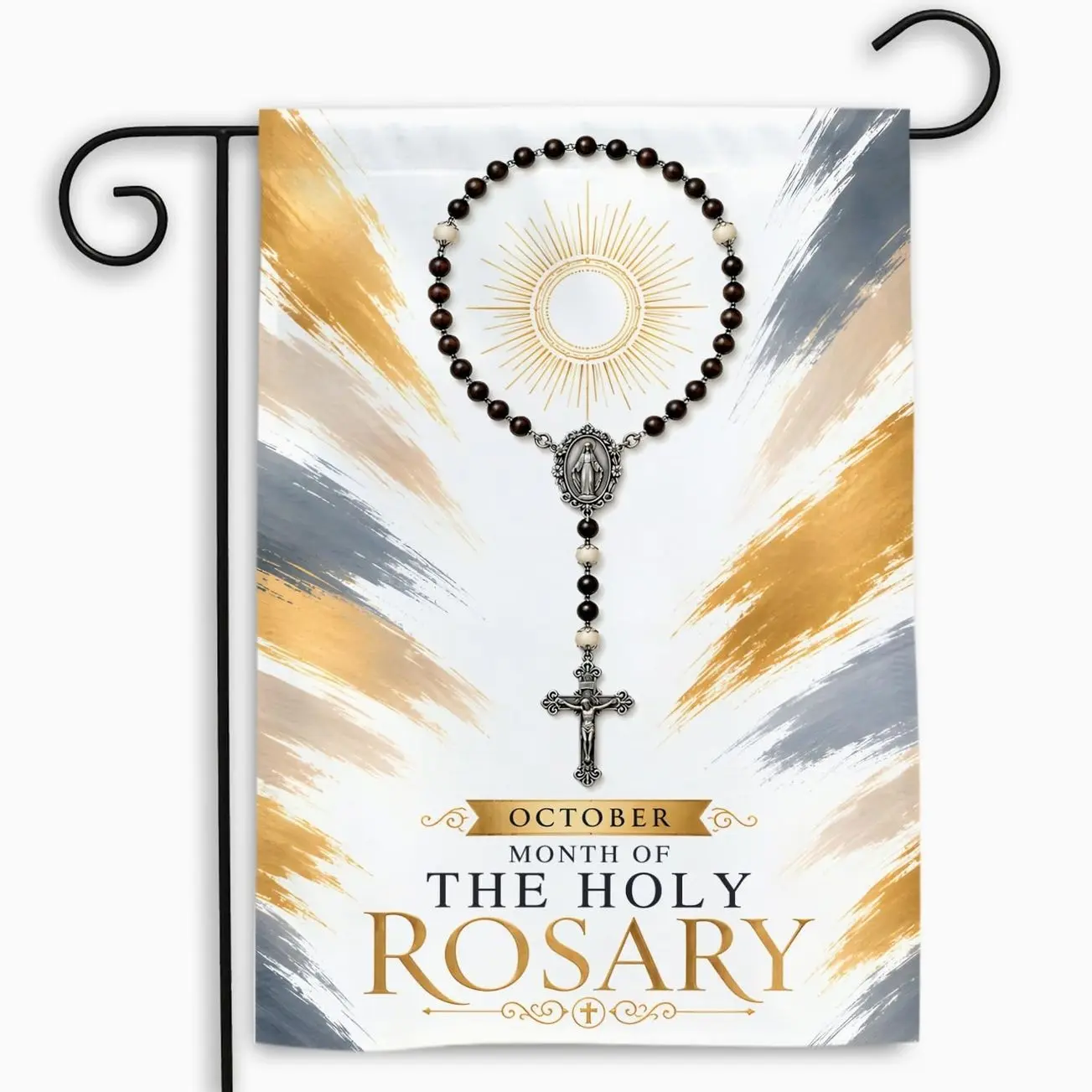 Holy Rosary 12x18 in Double-Sided Fabric Flag, Blessed Virgin Mary Catholic Marian Outdoor Decor, Religious Art Yard Banner for Catholic Families