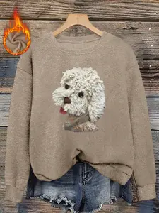 Cute Dog Print Women's Round Neck Long Sleeve Sweater, Soft Comfortable Fabric, Casual Fitted Style for Fall & Winter, Perfect for Relaxed Everyday Wear