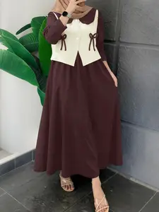 Women's Casual Dress, Babydoll Neck Fake Two-Piece Long Sleeve Colorblock Patchwork Long Dress, Modest Style Dress, Suitable for Daily Outing, Modest Summer Outfit
