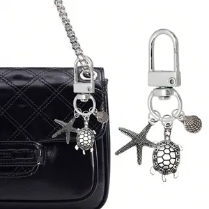 Silver Color Ocean Theme Keychain, Starfish Turtle Shell Pendants, Party Gift Car Wallet Charm, Perfect for Friends Family Teachers