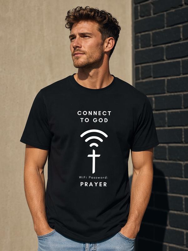 Men's Vintage Christian Graphic Print Cotton Crew Round Neck Short-Sleeve T-Shirt - Fitted Cut, WiFi Symbol Faith Motif, Twist Design, Connect to God Prayer Message, Modern Streetwear, Casual, All Seasons, Cold Wash Menswear Top