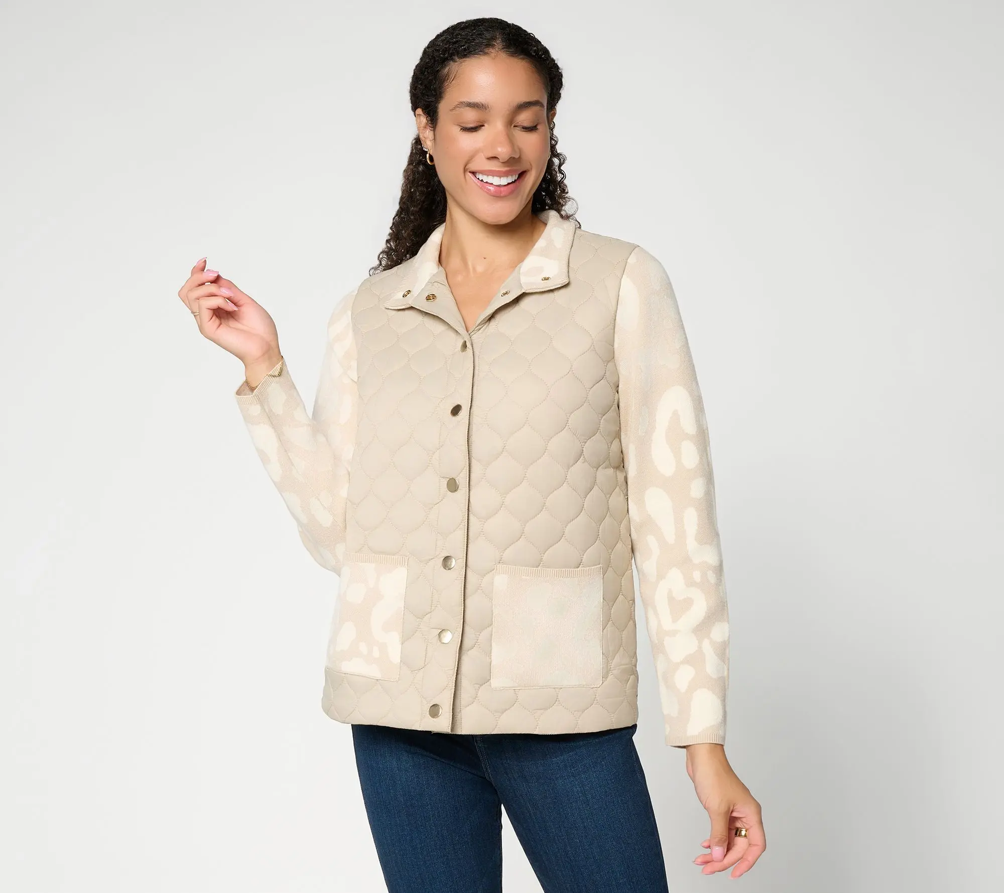Susan Graver Mixed Media Button Front Sweater Jacket Susan Graver Mixed Media Button Front Sweater Jacket