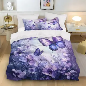 Three pieces with dreamy purple butterfly patterns Duvet Cover Set, 3-Piece Includes 1 Fitted Sheet and 2 Pillowcases, Soft Breathable Design for Bedroom and Guest Room
