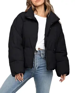 Polu Women's Winter Cropped Puffer Jacket Oversized Long Sleeve Full Zip Puffy Coat Warm Quilted Jacket with Pockets