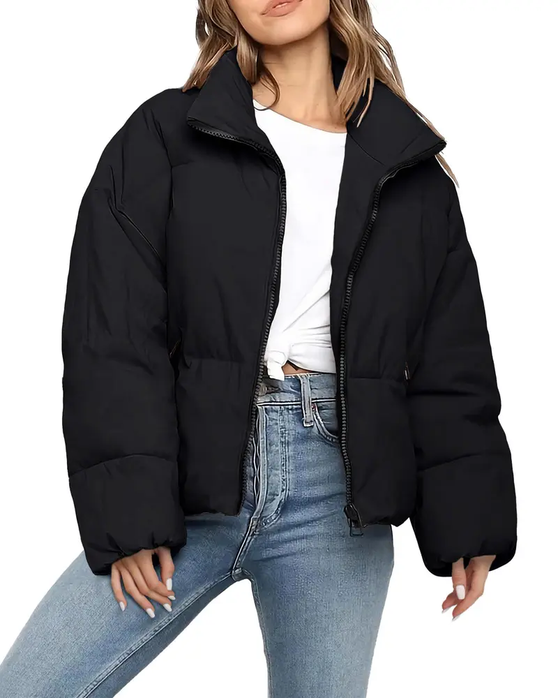 Polu Women's Winter Cropped Puffer Jacket Oversized Long Sleeve Full Zip Puffy Coat Warm Quilted Jacket with Pockets