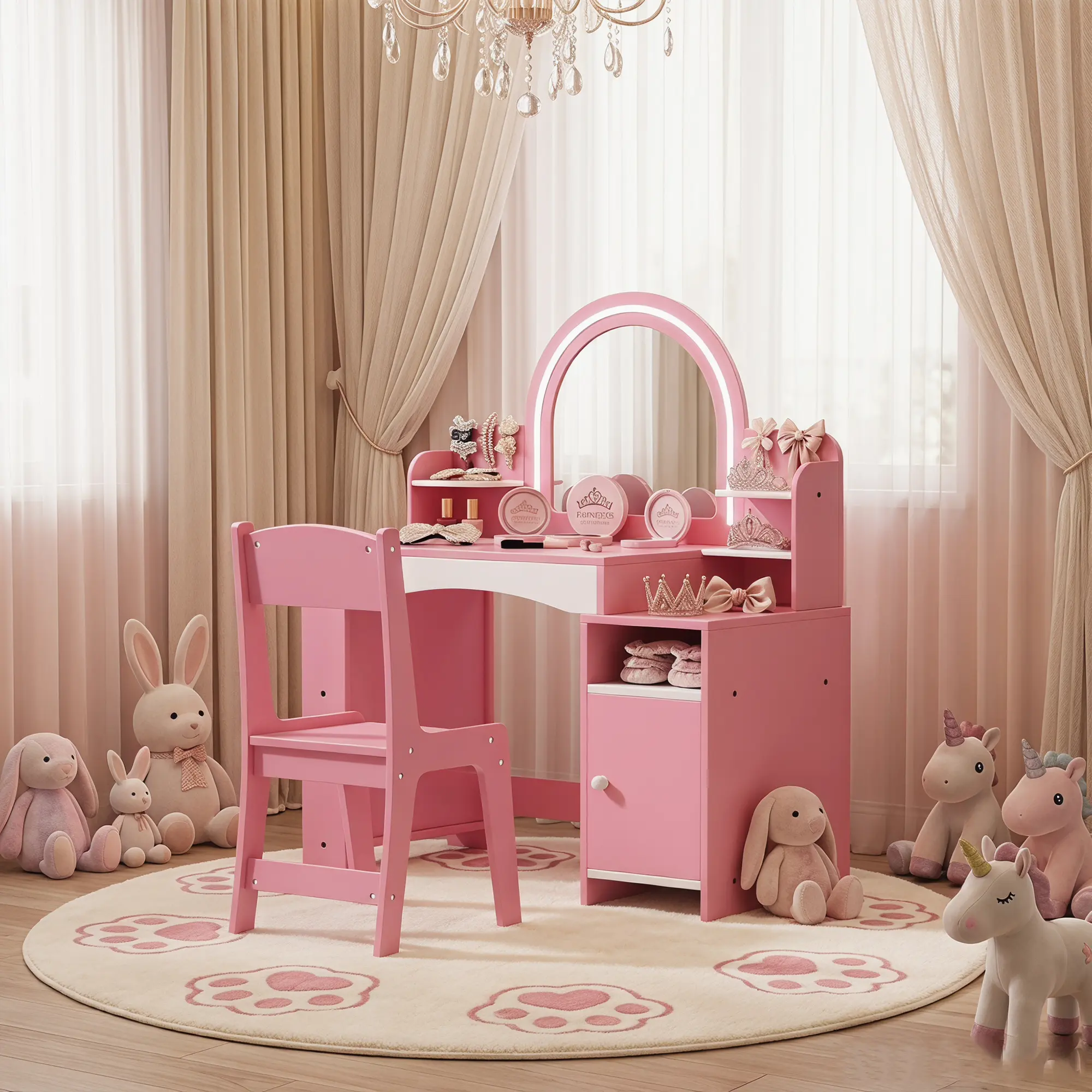 Kids Vanity Set with Lighted Mirror and Stool, Kids Make Up Vanity Desk with Storage Space, Wing Pattern for Little Girls, Toddler Princess Makeup Dressing Table with Chair Set, Pink