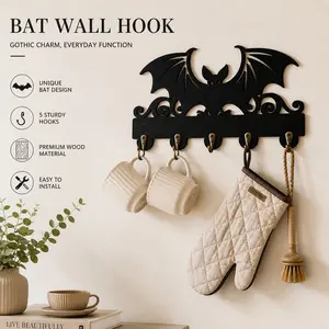 Wooden Bat Wall Key Hook, Halloween Decor, Gothic Style, Durable Coat Hook, 5 Alloy Hooks, Animal Paw Print, Wall Mount, Wall Mount Hanger, Home Decor