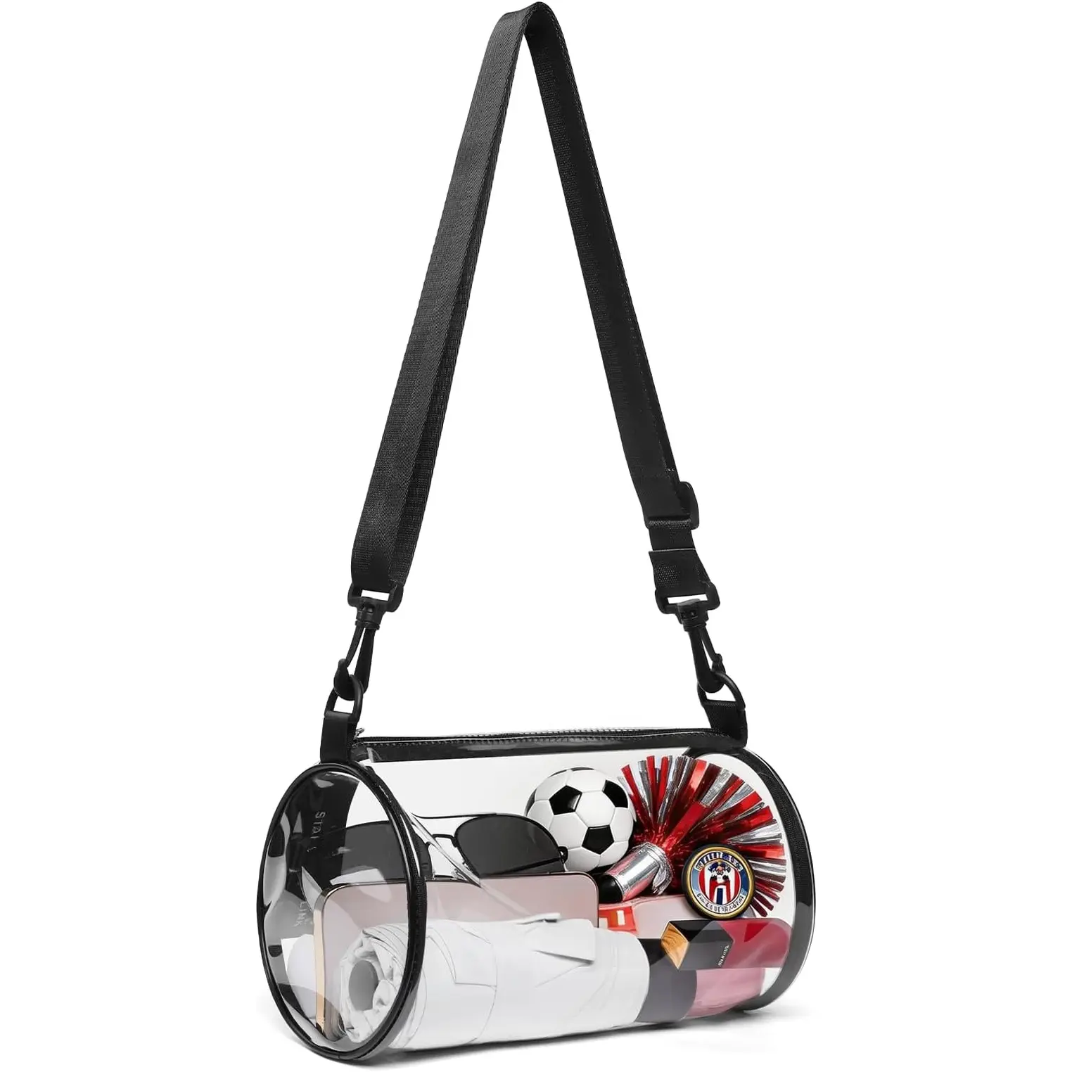 Clear Stadium Bag, Cylindrical Transparent Crossbody Duffel, Lightweight Clear Bag for Soccer Games, Concerts & Sporting Events, Stadium-Compliant Design