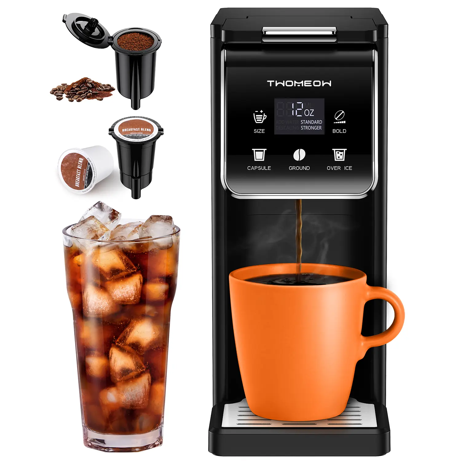 Hot & Iced Coffee Maker | Single-Serve Brewer | Bold Setting | Reusable Filter | Compact & Quick Brew | Compatible with Travel Mug | for K-Cups & Ground Coffee | Home & Office Daily Use