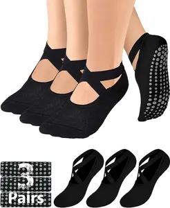 Female Cotton Silicone Socks, Anti Slip Texture Pilates Socks with Grips & Straps, Universal for Ballet Dance Workouts