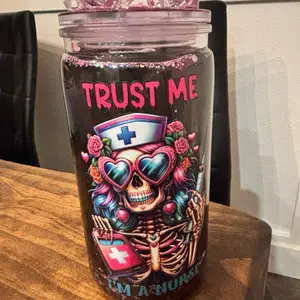 Nurse Skeleton Snow Globe Tumbler | Funny Nurse Gift | Goth Medical Glitter Cup | RN Iced Coffee Tumbler | Healthcare Worker Gift