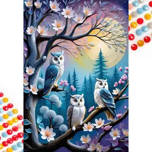 5D DIY Full Drill Round Diamond Painting - Diamond Art Kit Three Owls Mosaic, Canvas - DIY Decorative Painting, Home Wall Decor, Suitable for Halloween, Christmas, Birthday and Anniversary Gifts, Diamond Painting Kits