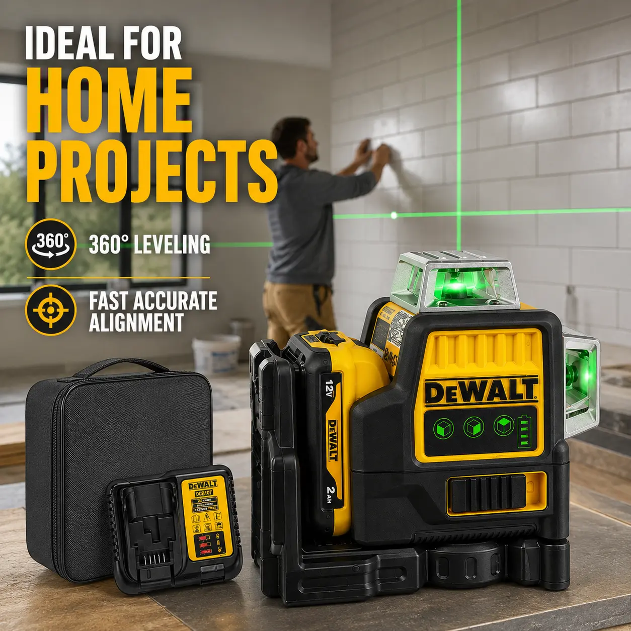 Dewalt DW089 3-Side 360-Degree Self-Leveling Laser Level, Vertical Cross Line, Horizontal & Vertical Alignment Tool for Tools & Hardware Applications