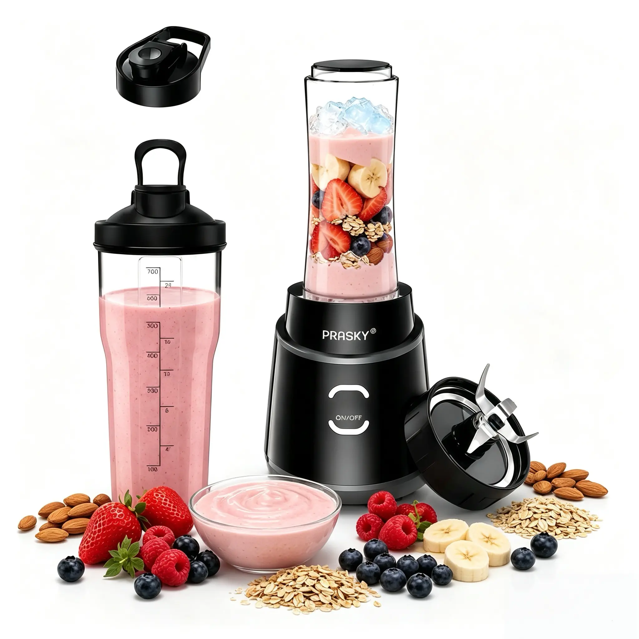 Prasky Smoothie Blender with 2 Portable Cups, 300W Personal Blender, 22000RPM High Speed Mixer, 6 Stainless Steel Blades, BPA-Free Travel Cups, Dishwasher Safe, Ice Crushing Blender for Smoothies, Shakes & Frozen Drinks