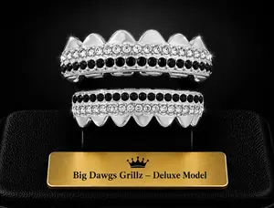 925 Silver Plated Upper & Lower Grillz Set Iced Rows of Bling