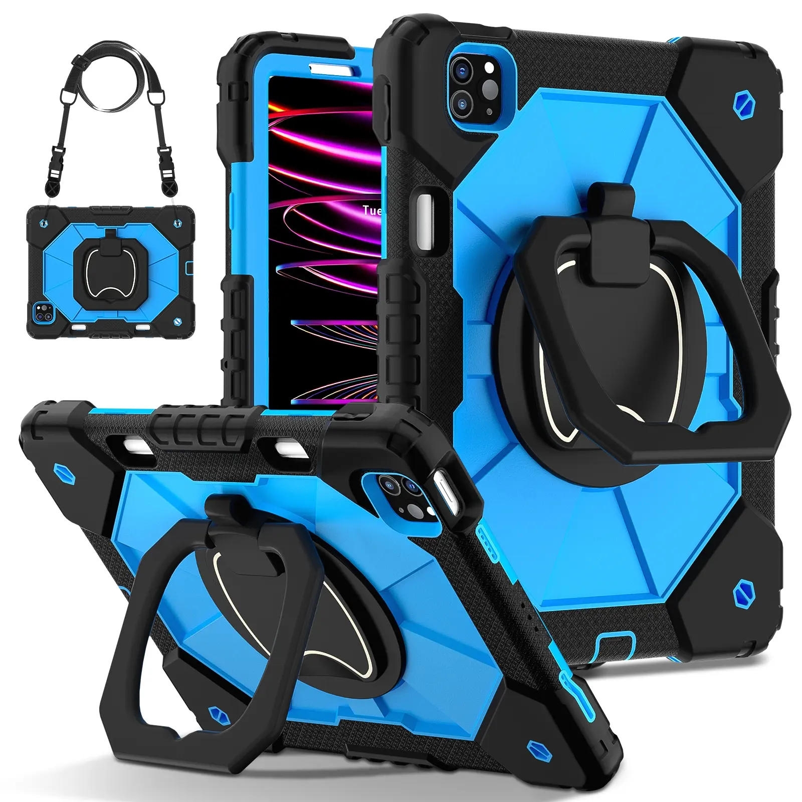 Shockproof Case, Tablet Protective Cover, Ipad Accessories for iPad (A16) 11th 11" , Compatible with iPad Air M4 / iPad Pro M5 / iPad Mini - Rotating Stand with Screen Protector, Pencil Holder & Shoulder Strap - Heavy Duty Drop-Proof Cover