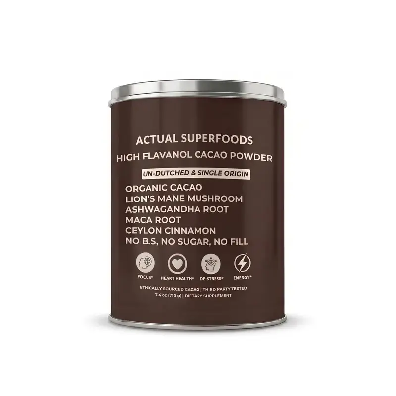Actual Superfoods Organic High Flavanol Cacao Powder (30 Servings) - Sugar-Free Adaptogenic Mix, Single Origin, Non-Alkalised, with Lion's Mane, Maca Root, Ashwagandha, Ceylon Cinnamon -  Heart-Healthy Mocha Coffee Alternative Wellness Supplement