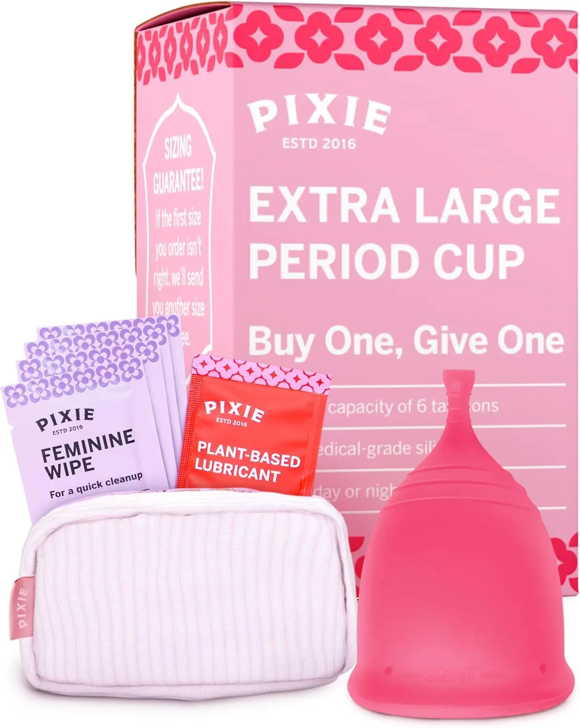 Pixie Soft Menstrual Cup - Ranked 1 for Most Comfortable Reusable Period Cup - Buy One We Give One - Includes Ebook Guide, Cleaning Wipes, Lube, & Storage Bag - Tampon and Pad Alternative (Extra Large, Pink)