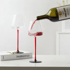 Elegant Red & Black Wine Glasses，Oversized Red Stem Wine Glass Set | Lead-Free Crystal for Home Bar  Drinkware