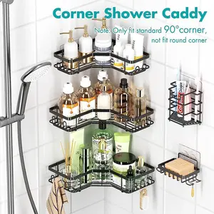 【Local Shipping】5-Piece Shower Caddy Set, Corner Organizer for Shampoo & Soap, Multifunctional Stick-On Mounting Brackets with Black Right Angle Shelves Basket, Adhesive Toiletries Organizer - Ideal Christmas Warm Room Accessory, Home Shower Rack