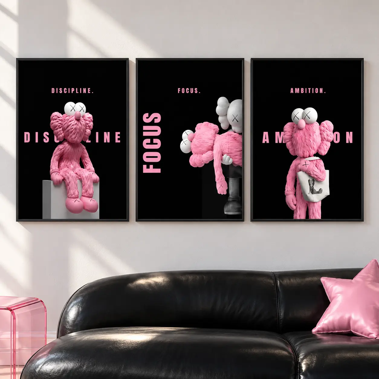 Kawaii Cute Bear Poster, Pink and Black Motivational Wall Art Print, Discipline Focus Ambition Decor for Bedroom, Office and Gaming Room
