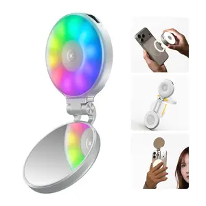 TELESIN Magnetic RGB Selfie Ring Light with Mirror & Phone Stand 360° Full RGB 3 White Light Modes, MagSafe Compatible, Portable Rechargeable LED Fill Light for Makeup, Content Creators, Live Streaming, Video Calls & Travel