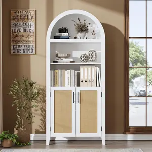 63.2" Tall Arched Bookcase with Doors, 5 Tier Open Display Shelf with Rattan Decor, Modern Bookshelf Storage Cabinet for Dining Room