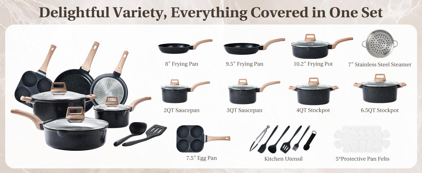 25-Piece Non-Stick Ceramic Granite Cookware Set with Stay-Cool Handles, Induction Compatible Pots and Pans Set for Healthy Cooking