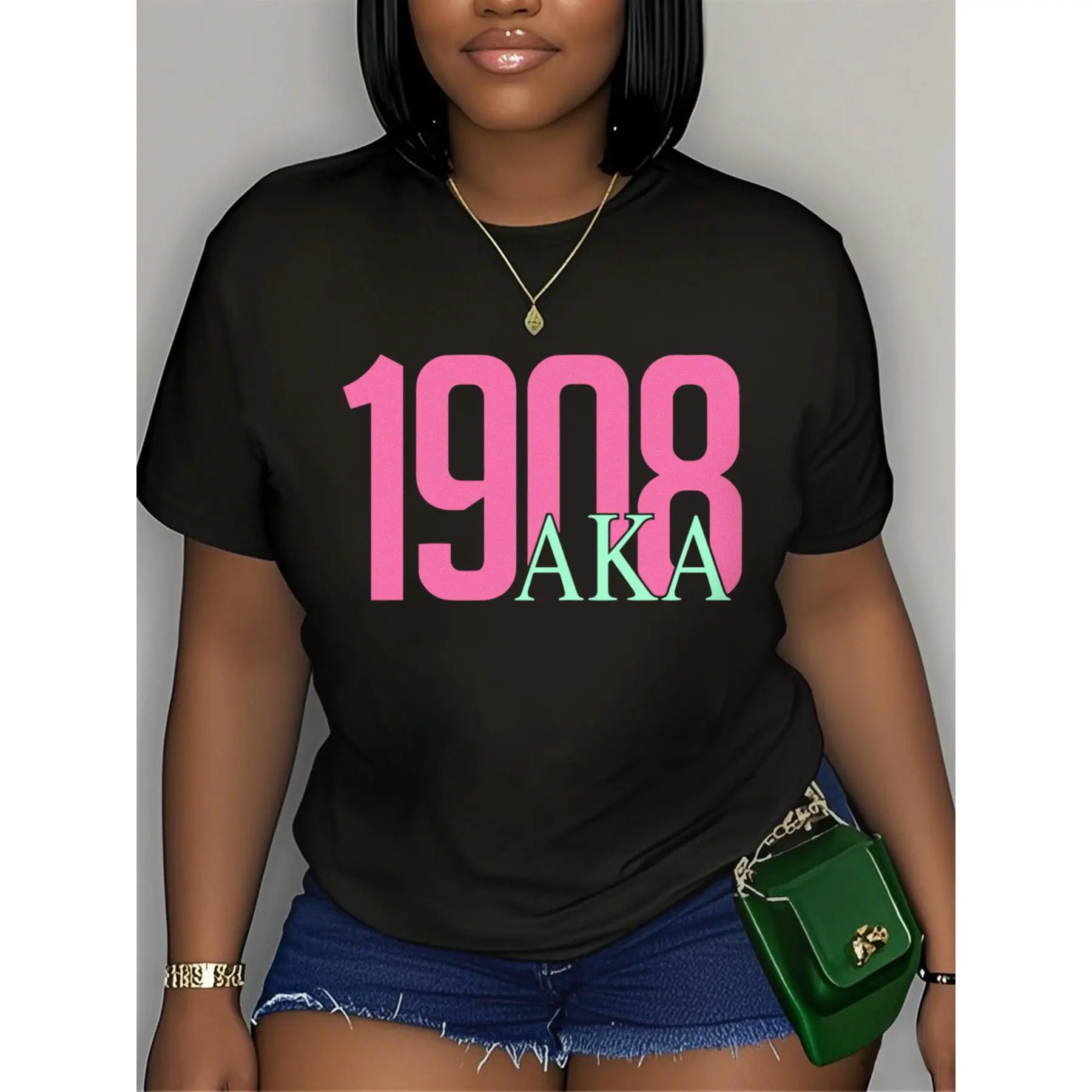 Women's 1908 AKA Sorority Fitted Casual T-Shirt, 100% Cotton Short-Sleeve Crew Neck, Pink and Green Print HBCU Apparel for Founders Day Parties, Shortsleeve, Top, Tshirt, Unique Graphics