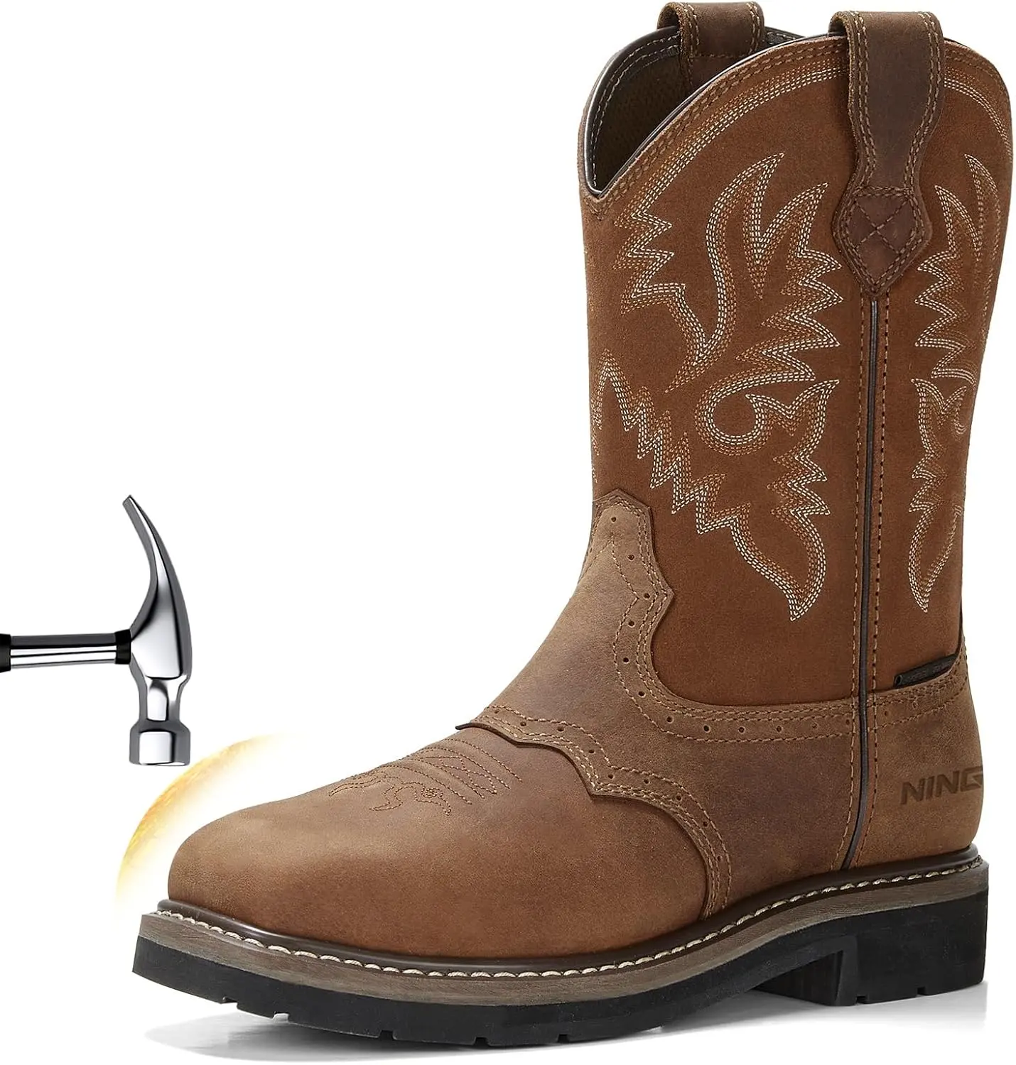 NINGO 2026 Upgraded Men's Waterproof Safety Steel Toe Square Toe Cowboy Boots - Nonslip Work Shoes for Construction, Riding